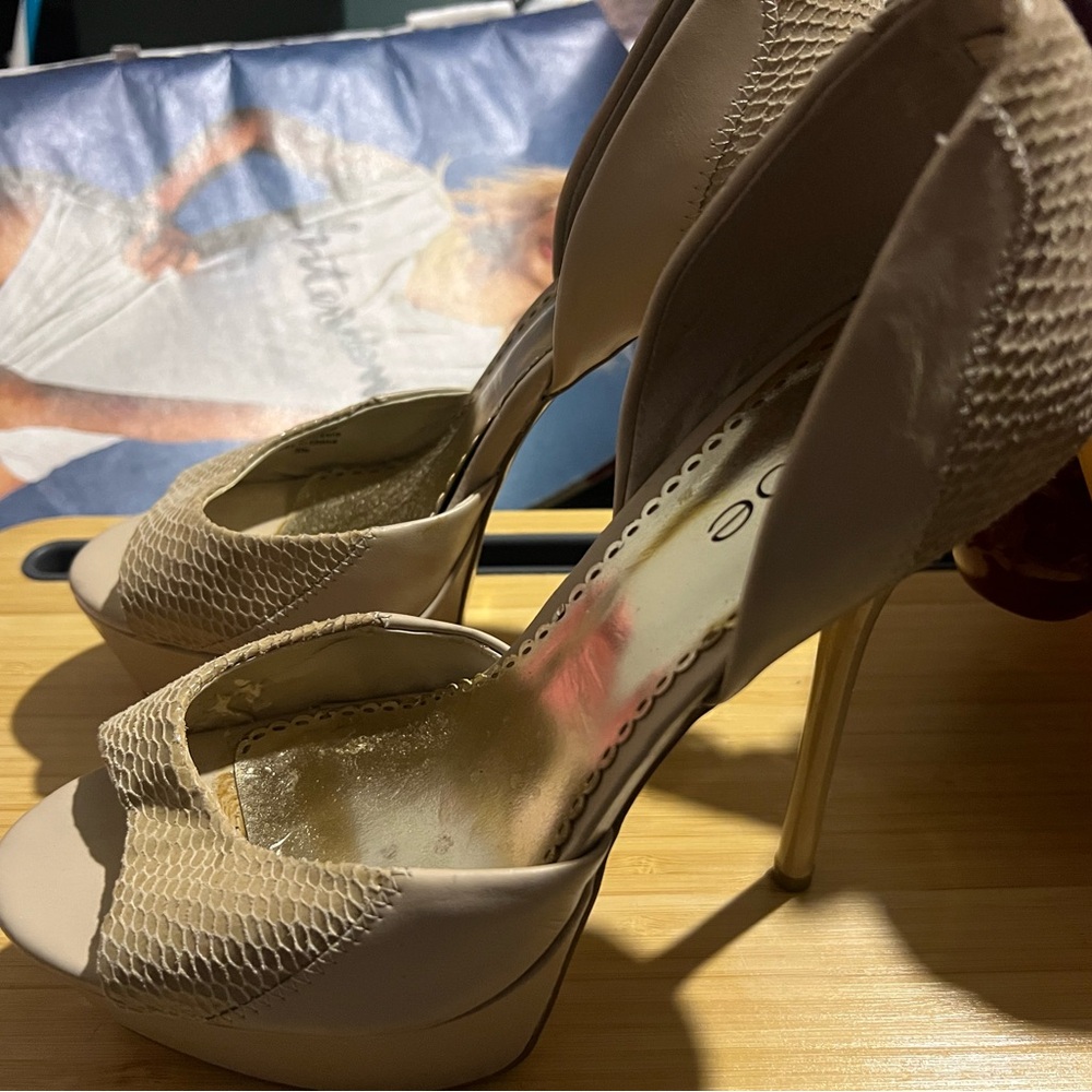 Bebe Snakeskin & Leather Peep Toe Heels